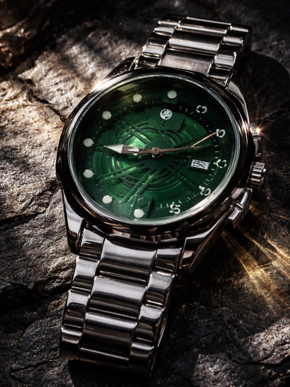 Men's Silver Metal Bracelet Analog Watch - Green Dial, Date Indicator